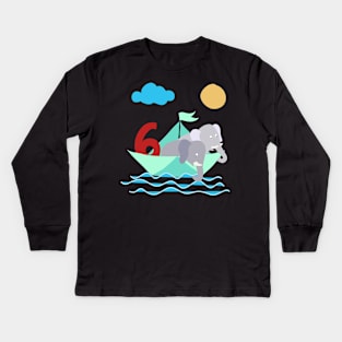 Elephants In Paper Boat Sea 6 Years Birthday Kids Long Sleeve T-Shirt